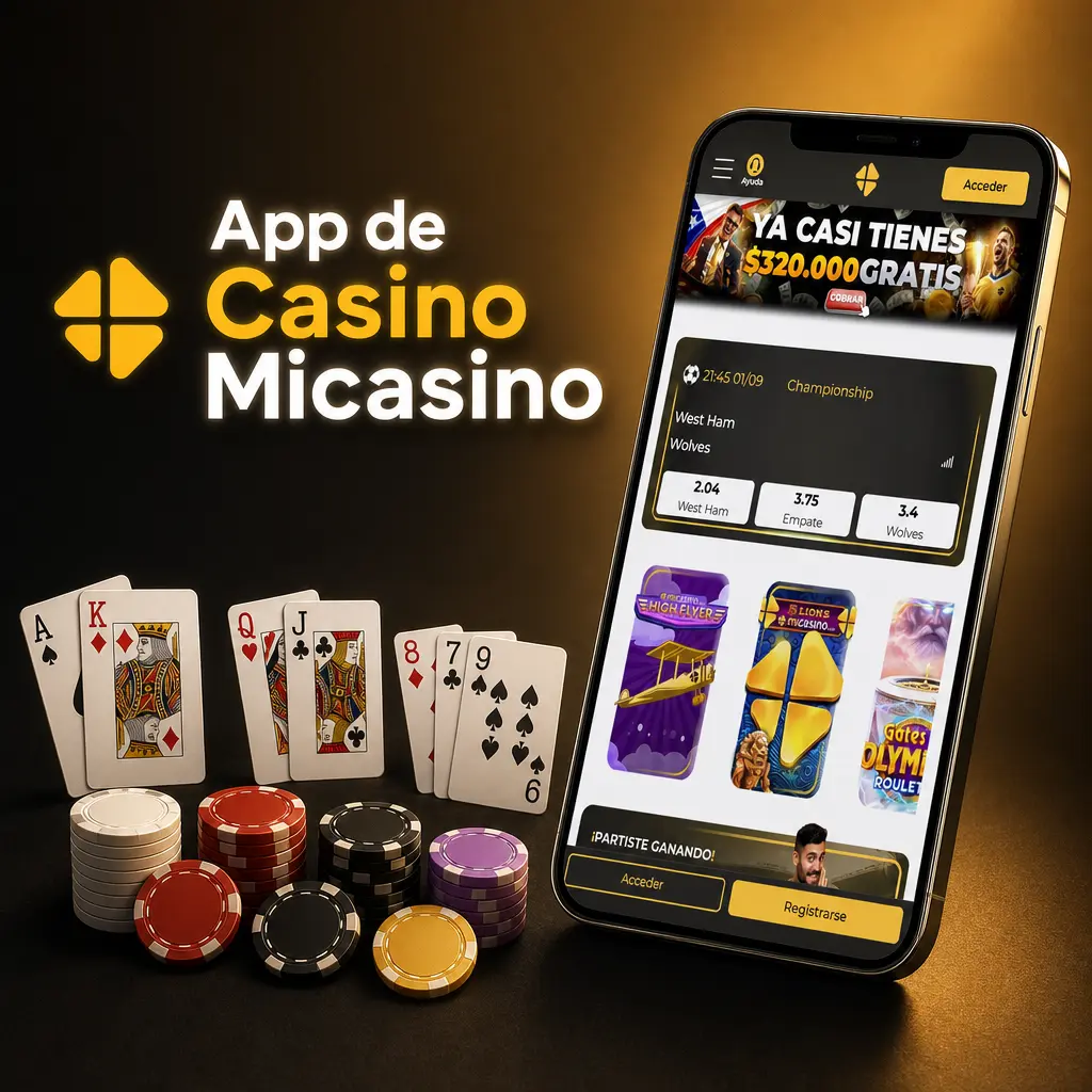 Pantalla de la app Micasino con apuestas en vivo, tragamonedas, ruleta, blackjack y bonos de casino