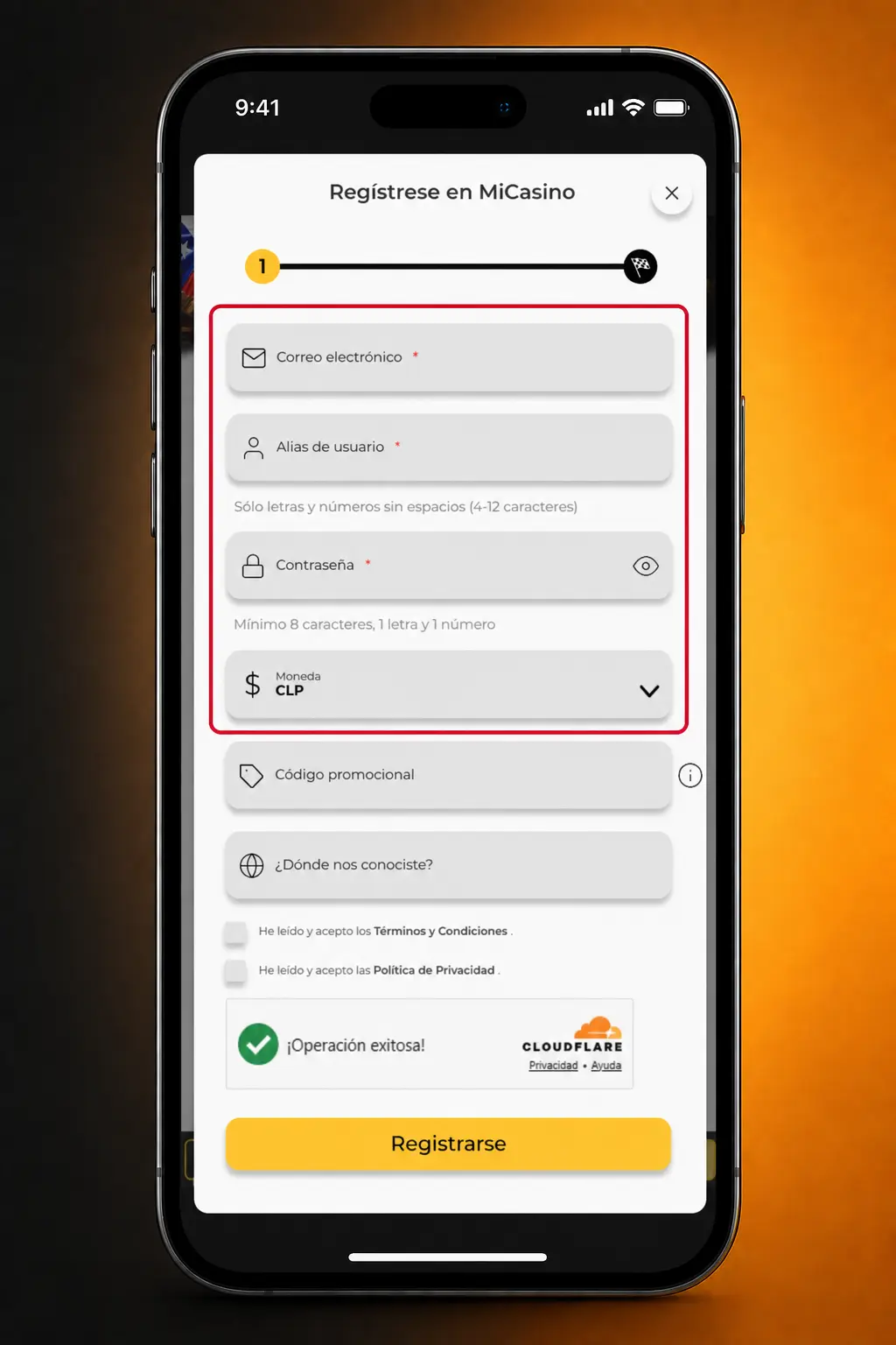 Pasos para crear una cuenta en Micasino: registro, datos personales, contraseña, aceptar términos y confirmar cuenta.
