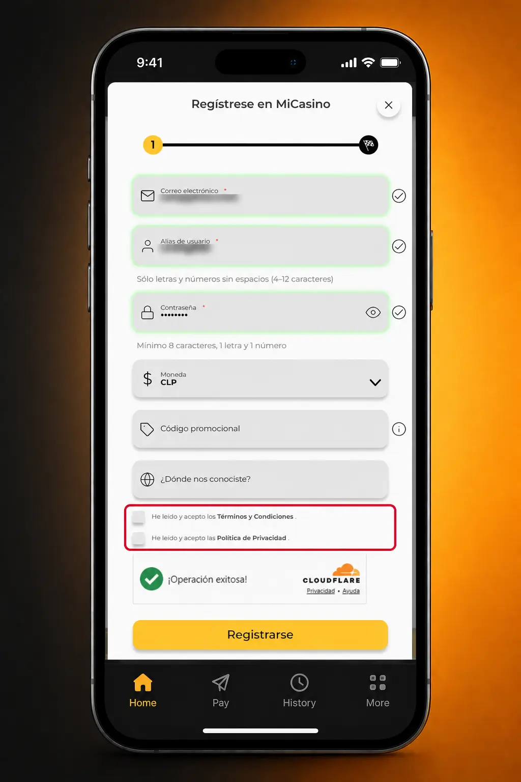 Pasos para crear una cuenta en Micasino: registro, datos personales, contraseña y confirmación de cuenta.