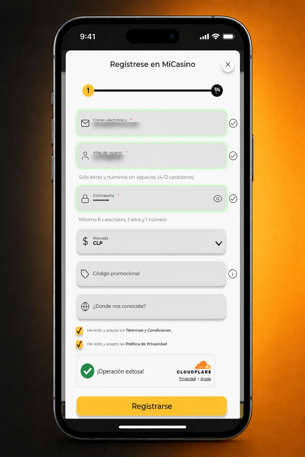 Pasos para crear una cuenta en Micasino: registro, datos personales, contraseña y confirmación con código.