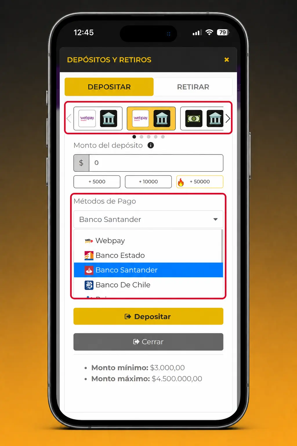 Pasos para depositar en la app de Micasino desde Chile: inicia sesión, elige método de pago y confirma el monto.