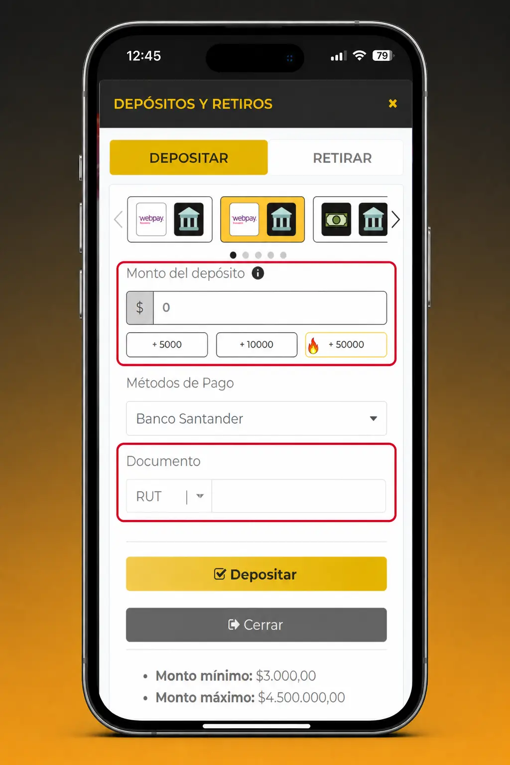 Pasos para depositar en la app de Micasino desde Chile usando RUT, contraseña y métodos de pago disponibles.