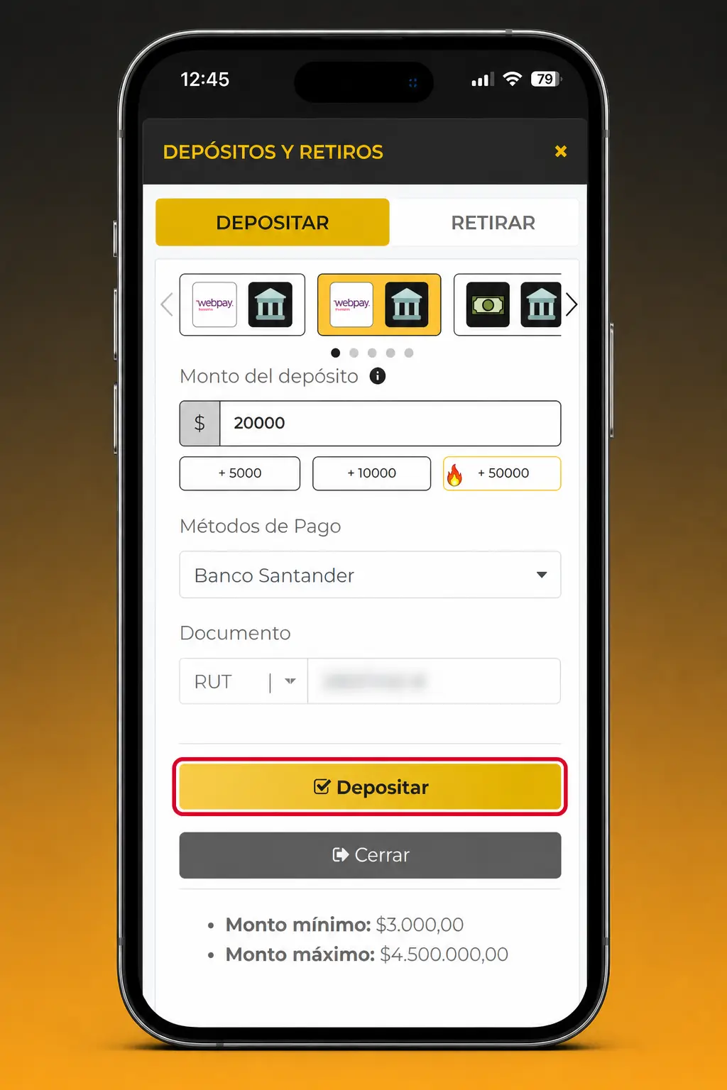 Pasos para depositar en la app de Micasino Chile: inicia sesión, elige método de pago e ingresa el monto desde 5.000 CLP.