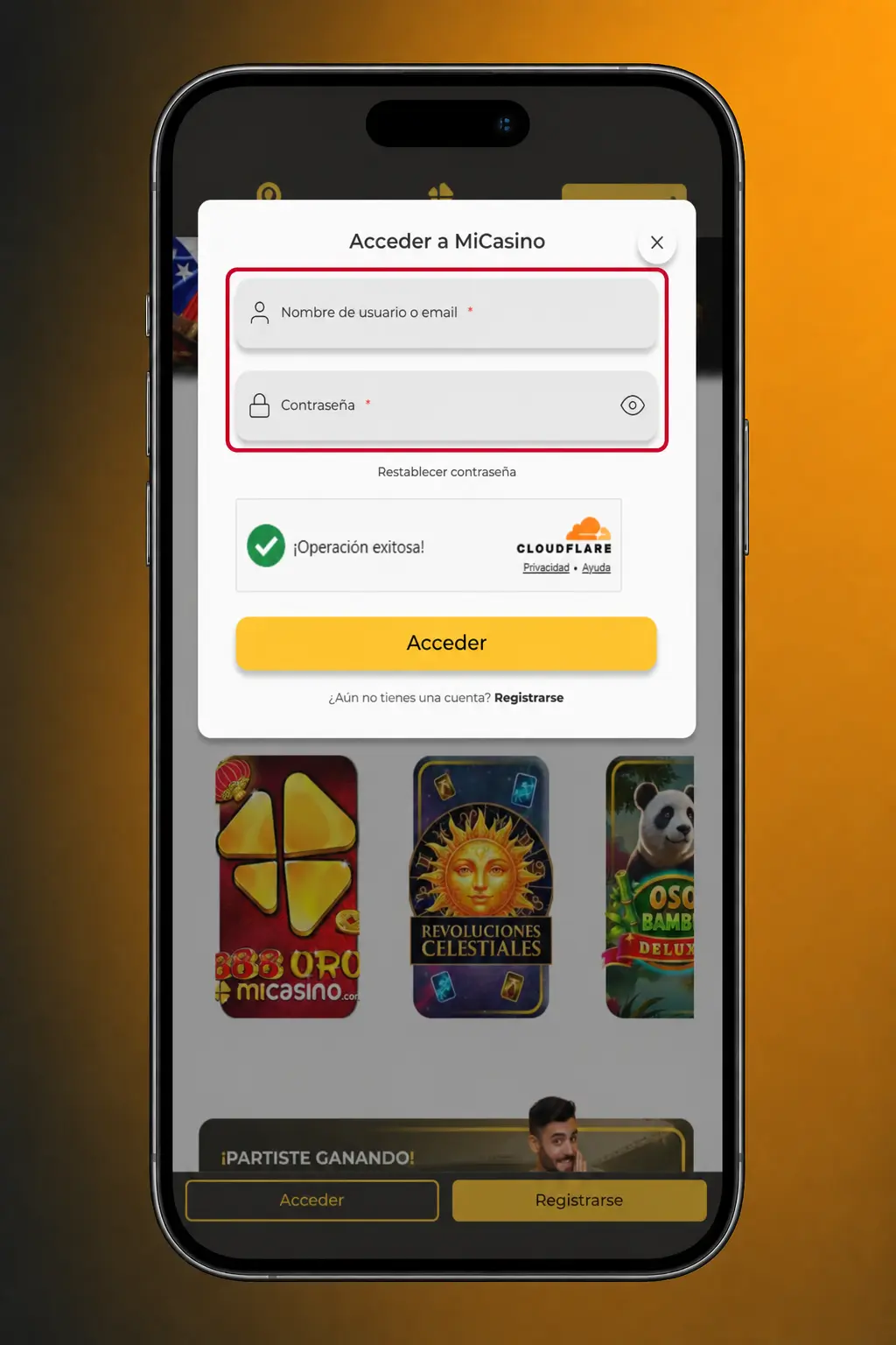 Captura de pantalla del inicio de sesión en la app móvil de Micasino con correo, contraseña y huella digital.