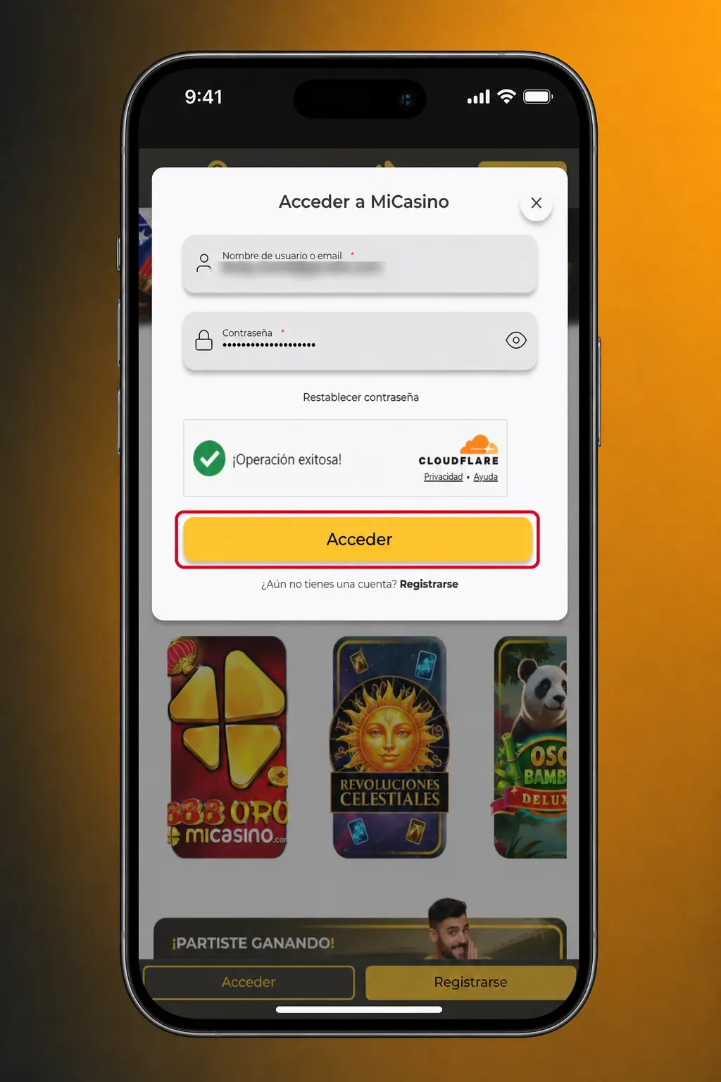 Pasos para iniciar sesión en la app Micasino: ingresa credenciales, activa huella o Face ID y confirma acceso.
