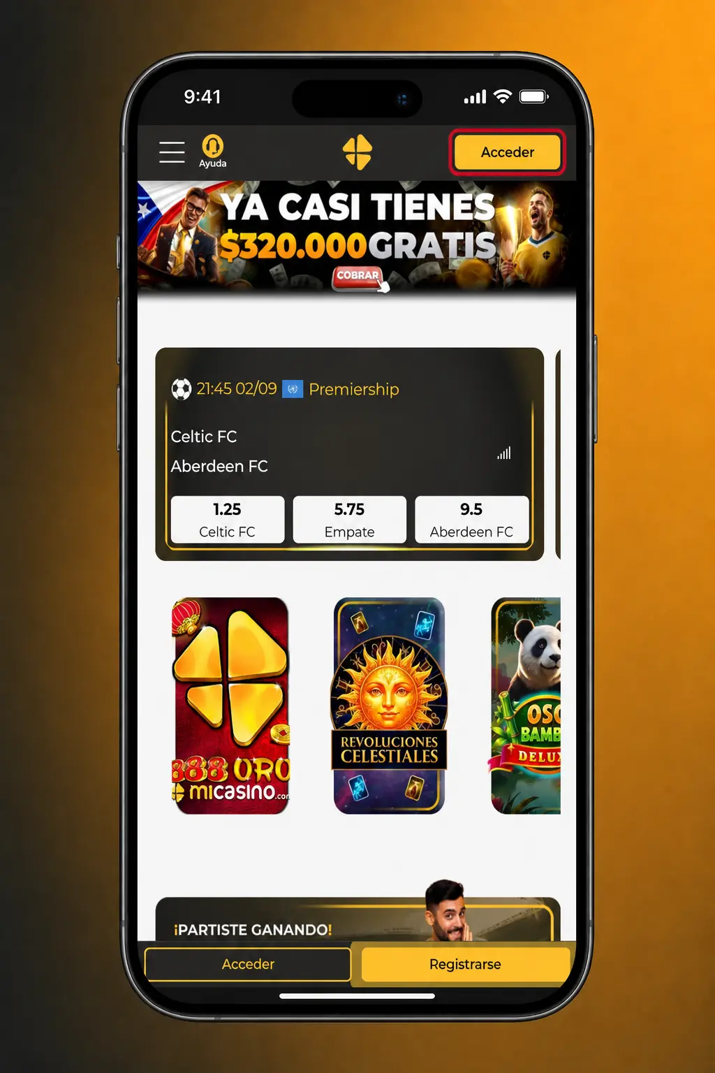 Pantalla de inicio de sesión en la app Micasino mostrando el ingreso de correo y contraseña con opción de huella digital.