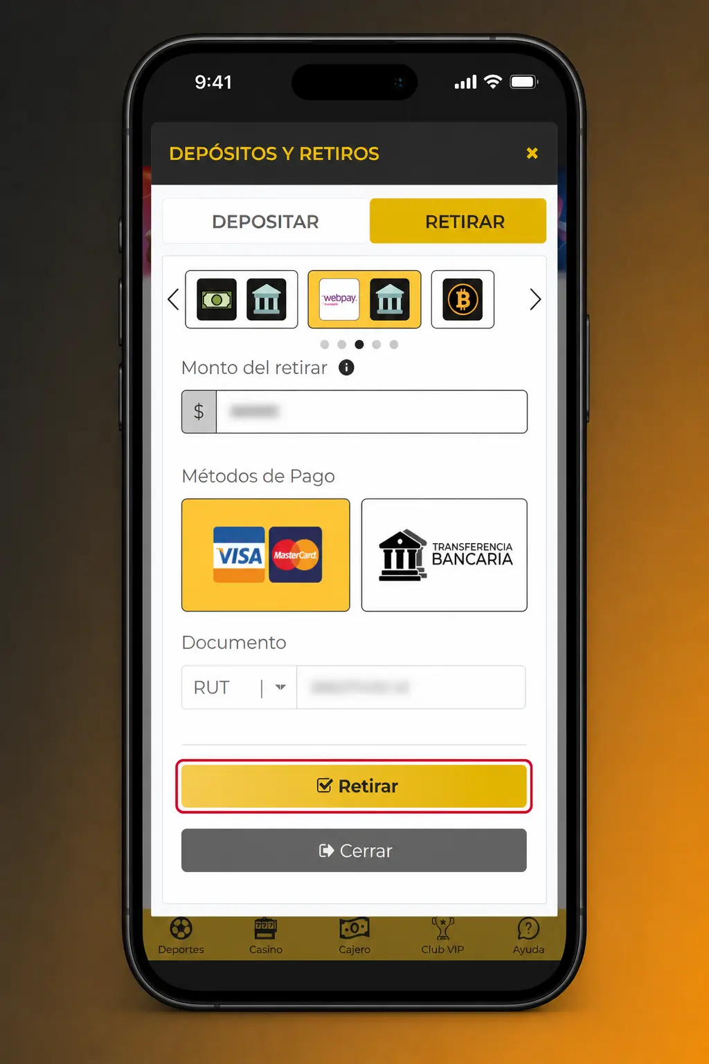 Pasos para retirar dinero desde la app de Micasino: iniciar sesión, seleccionar método de retiro e ingresar el monto.