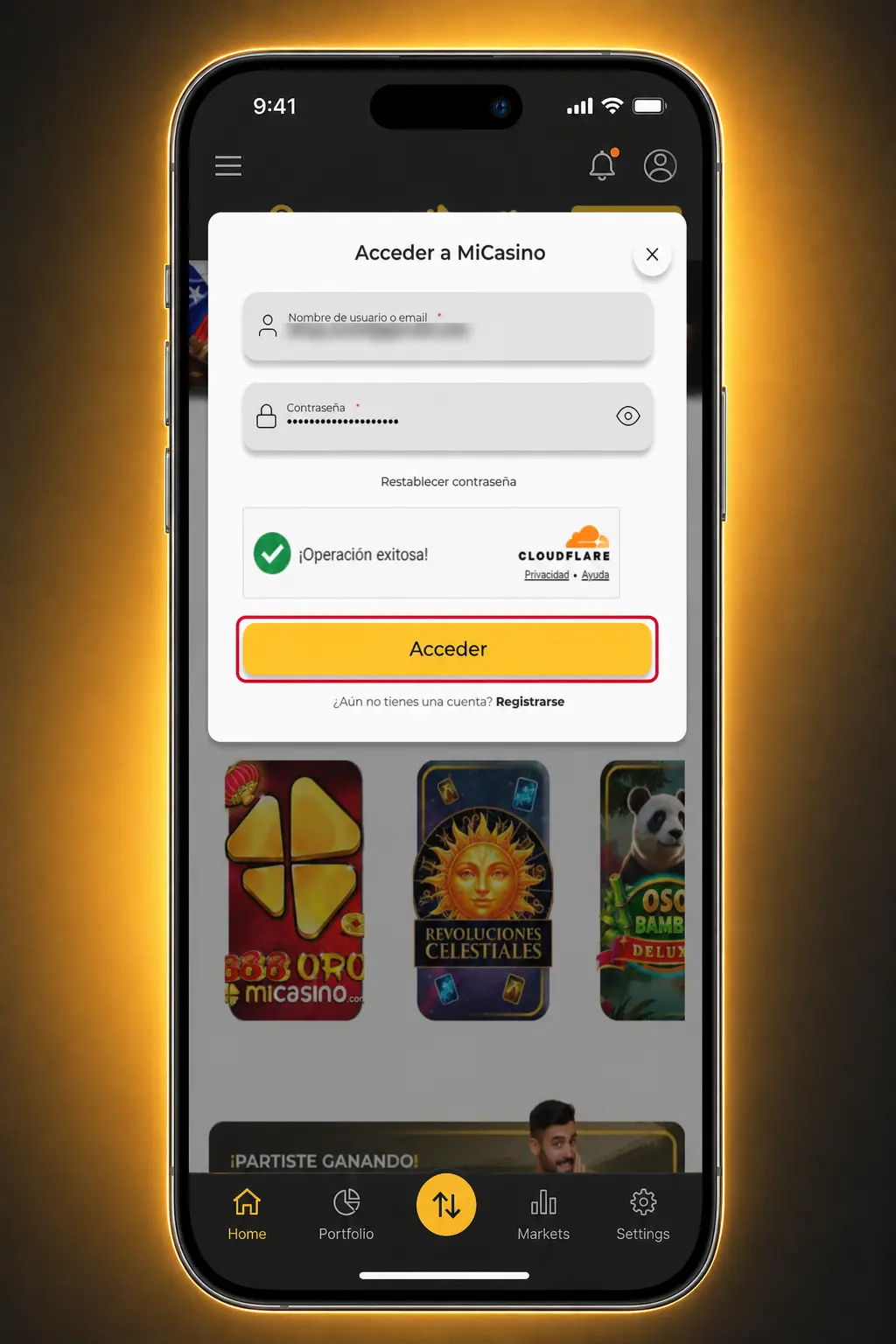 Pasos para iniciar sesión en Micasino: botón de acceso, ingreso de datos y código de verificación en dos pasos.